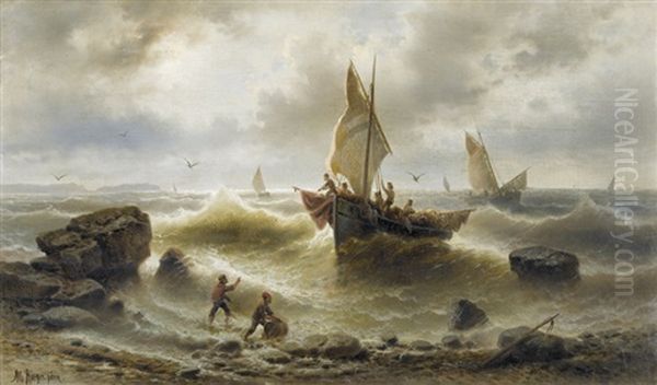 Segelboote An Sturmischer Kuste Oil Painting by Albert Rieger