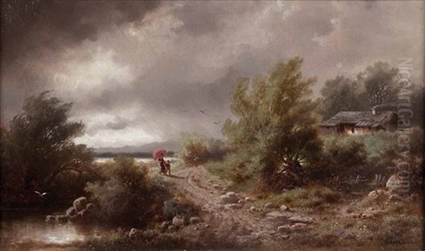 Mutter Und Kind Bei Aufziehendem Gewitter Oil Painting by Albert Rieger