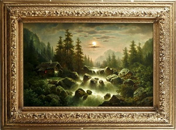 Hutte Am Wildbach Im Licht Des Vollmondes Oil Painting by Albert Rieger