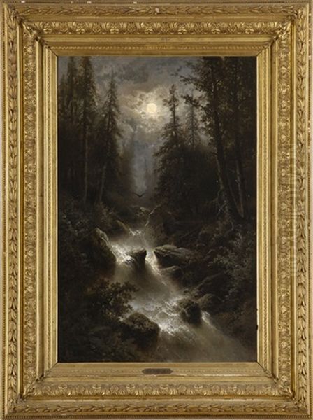 Wildbach Bei Vollmond Oil Painting by Albert Rieger