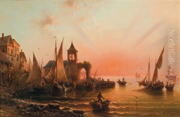 Sonnenuntergang Uber Einem Dalmatinischen Kustenstadtchen Oil Painting by Albert Rieger