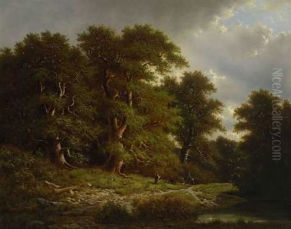 Baumlandschaft Mit Rastenden Bauern Am Teich Oil Painting by Albert Rieger