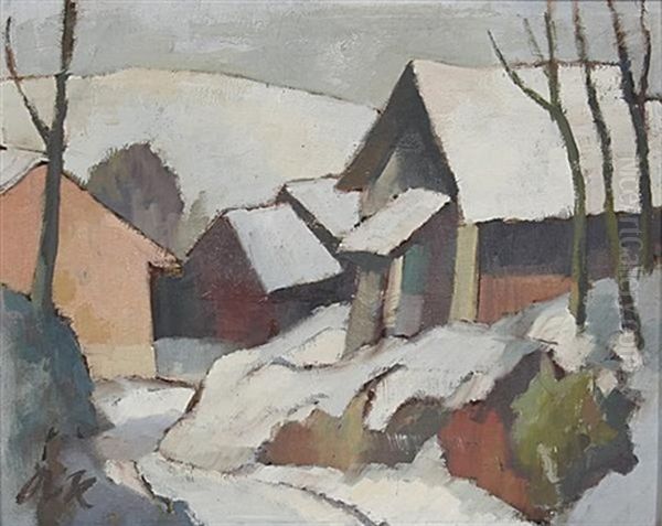 Hauser Im Schnee. Winterliche Schwarzwaldlandschaft Oil Painting by Albert Rieger