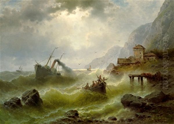 Raddampfer In Sturmischer See Vor Einer Kustenlandschaft Oil Painting by Albert Rieger