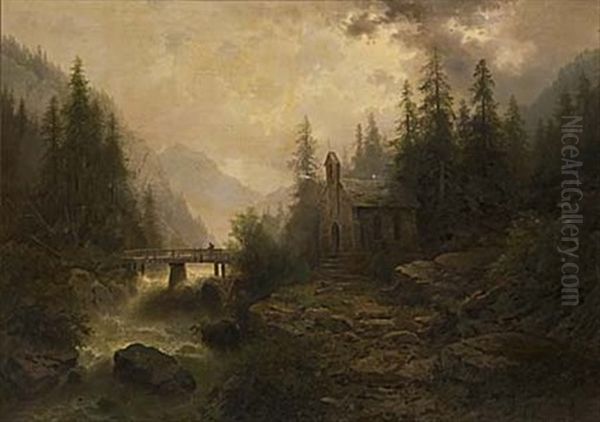 Landskap Med Kyrka Och Brusande Fors Oil Painting by Albert Rieger