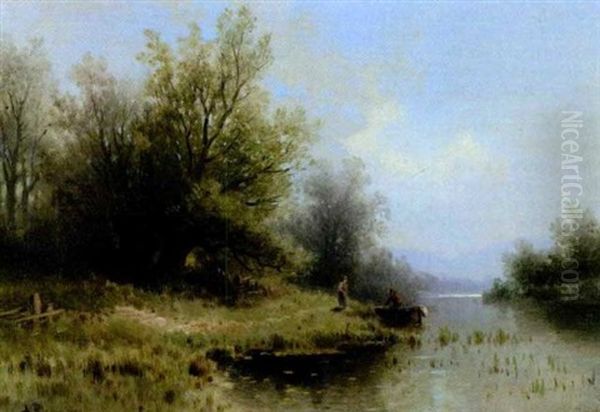 Bewaldetes Flusufer Mit Fischer Und Seinem Madchen Oil Painting by Albert Rieger