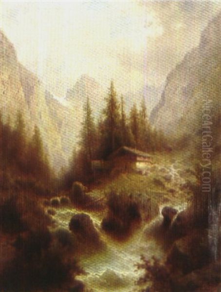 Schweizer Gebirgslandschaft Mit Wasserfall Oil Painting by Albert Rieger