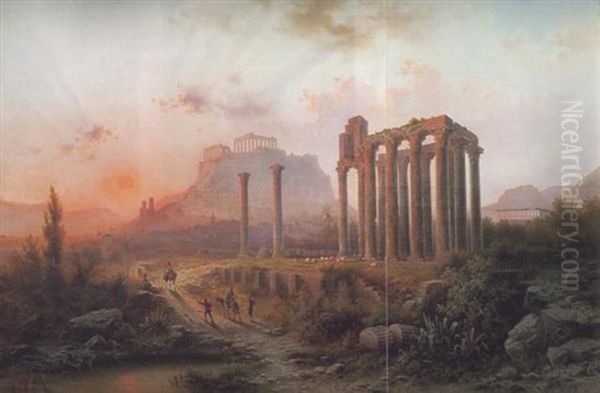 Ruinen Von Athen, Blick Auf Die Akropolis, Im Vordergrund Die Tempelruinen Des Olympischen Zeus Oil Painting by Albert Rieger