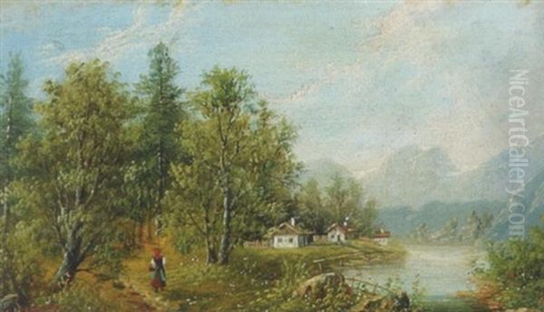 Bauernhauser An Einem Alpenfluss Oil Painting by Albert Rieger