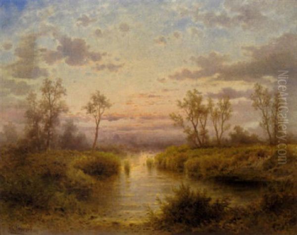 Abendstimmung Uber Einer Teichlandschaft Oil Painting by Albert Rieger