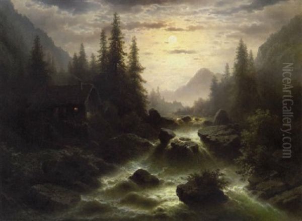 A Moonlit Mountainous Landscape With A Stream Cascading By A Wooded Cabin Oil Painting by Albert Rieger