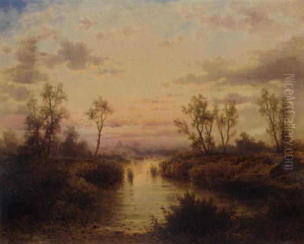 Daybreak At A Tree-lined Lake Oil Painting by Albert Rieger