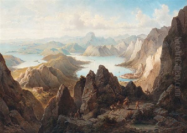 A View Of A Mountainous Landscape With A Lake, Possibly Around Ragusa (sicily), With Various Villages In The Background Oil Painting by Albert Rieger