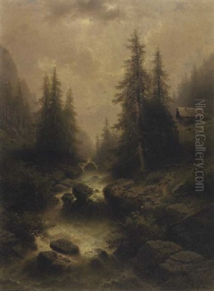 Wasserfall Im Gebirgstal Oil Painting by Albert Rieger