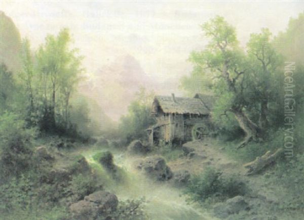 Gebirgslandschaft Mit Wasserfall Und Alter Muhle An Einem Spatsommertag Oil Painting by Albert Rieger