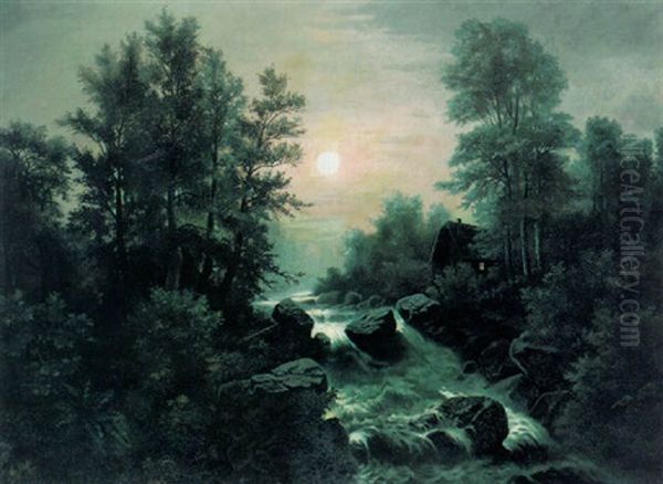 Waldlandschaft Mit Wildbach Oil Painting by Albert Rieger