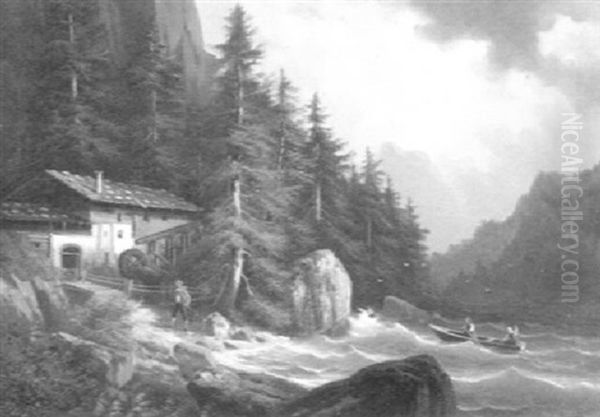 Gebirgslandschaft Mit Wassermuhle Oil Painting by Albert Rieger