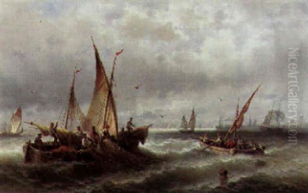 Fishermen Hauling In Their Nets Oil Painting by Albert Rieger