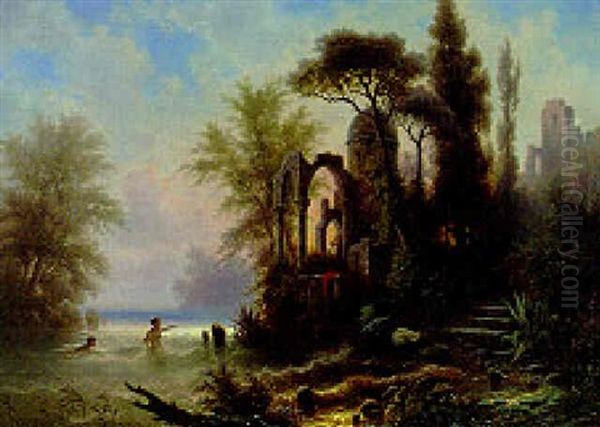 Ladies Bathing Before Classical Ruins Oil Painting by Albert Rieger