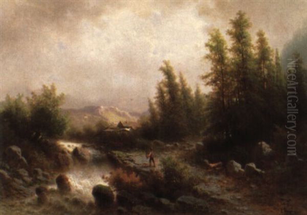 Fluslandschaft Mit Angler Oil Painting by Albert Rieger