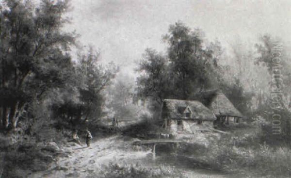 Waldlandschaft Mit Strohgedeckten Katen Und Personen Oil Painting by Albert Rieger