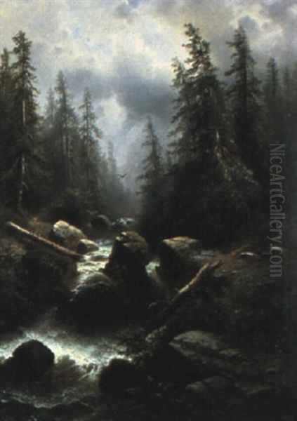 Wildbach Bei Gewitterstimmung, Schweiz Oil Painting by Albert Rieger