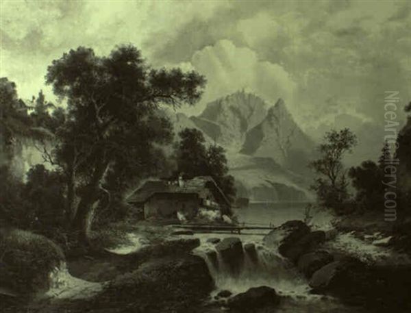 Bauernhaus Am See, Im Vordergrund Wasserfall Oil Painting by Albert Rieger