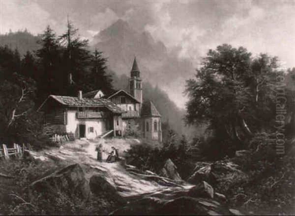 Alpine Landscape With Faggot Gatherers Resting, A Chalet And Church Beyond Oil Painting by Albert Rieger