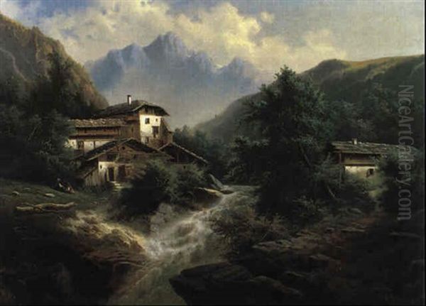 Bauerngehoft Am Wildbach Oil Painting by Albert Rieger