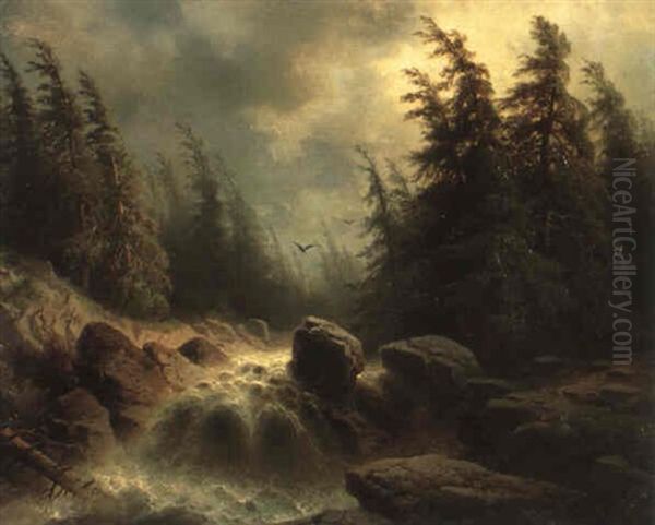 Alpine Landscape With Rapids Oil Painting by Albert Rieger