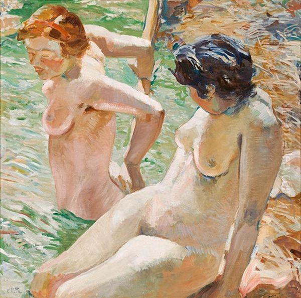 Bathing Nudes Oil Painting by August Rieger