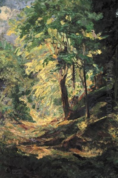 Besonntes Waldstuck An Einem Fruhlingstag Oil Painting by August Rieger