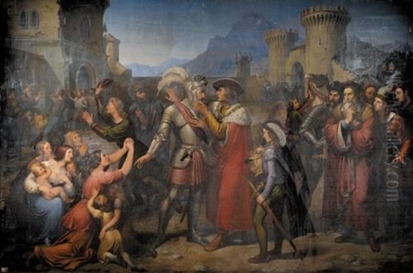 Duke Erich Of Kalenberg Asks Emperor Maximilian To Pardon The Prisoners Of Kufstein (herzog Erich Von Kalenberg Bittet Kaiser Maximilian Um Gnade Fur Die In Kufstein Gemmachten Gefanenen) Oil Painting by Johann Christian Riepenhausen