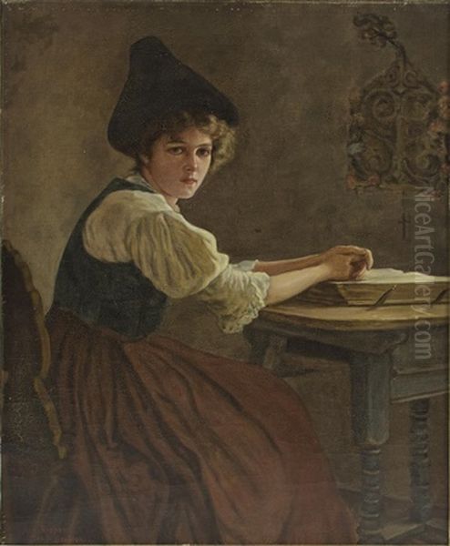 Sonntagsstille. Madchen In Tracht An Einem Tisch Mit Bibel Oil Painting by August Rieper