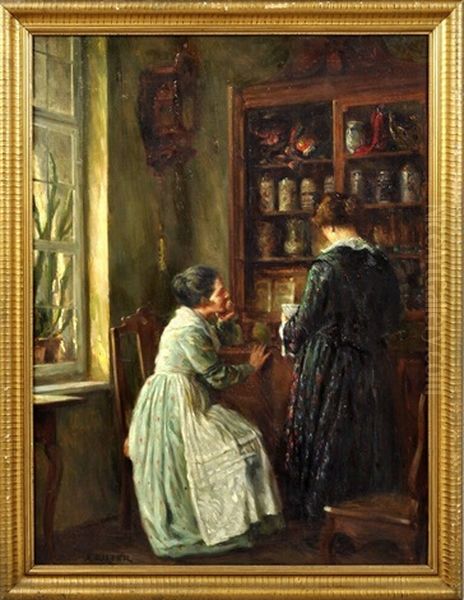 Interieur Mit Zwei Frauen Vor Geschirrschrank (erinnerungen) Oil Painting by August Rieper