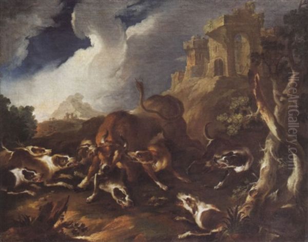 Hundemeute Stellt Auerochs Oil Painting by Balthasar Riepp