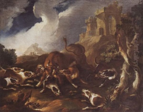 Hundemeute Attakiert Auerochs Oil Painting by Balthasar Riepp