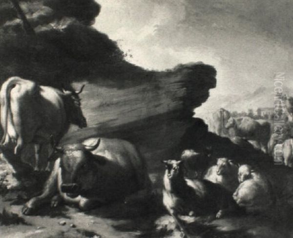 Cattle And Sheep In A Mountainous Landscape Oil Painting by Balthasar Riepp