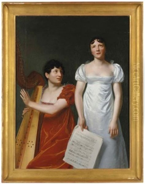 Portrait Of A Harpist And A Singer Oil Painting by Henri Francois Riesener