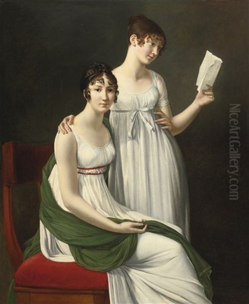 Portrait Of Two Young Women, Said To Be The Baroness Pichon And Mme De Fourcroy Oil Painting by Henri Francois Riesener