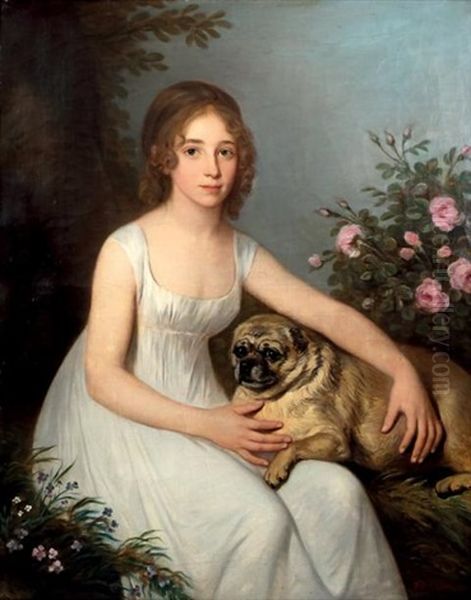 Portrait De Jeune Fille Avec Son Chien Oil Painting by Henri Francois Riesener