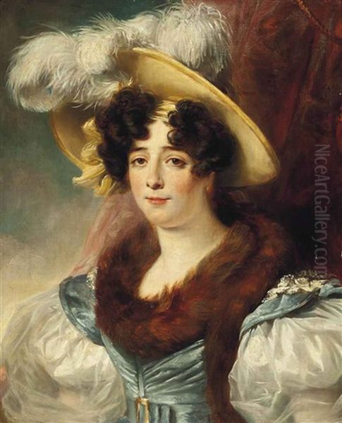 Portrait Of A Lady, Half-length, In A Fur-trimmed Blue And White Dress With A Plummed Hat, Before A Red Curtain Oil Painting by Henri Francois Riesener