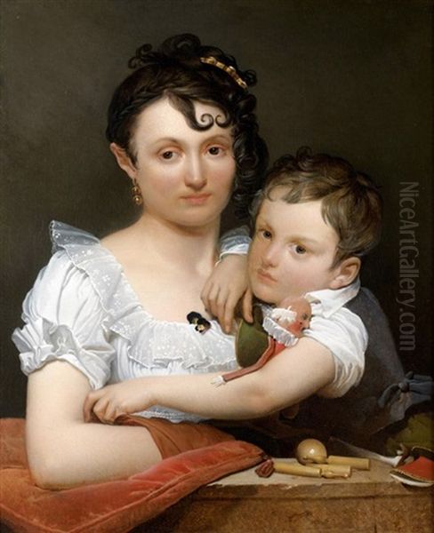 Portrait D'une Jeune Mere Et De Son Fils Avec Des Jouets, Accoudes A Un Bord De Fenetre Oil Painting by Henri Francois Riesener