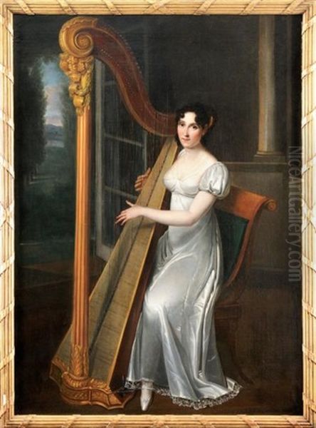 Portrait De Josephine Fridrix (ulyana Miklailova Alexandrova) A La Harpe Oil Painting by Henri Francois Riesener