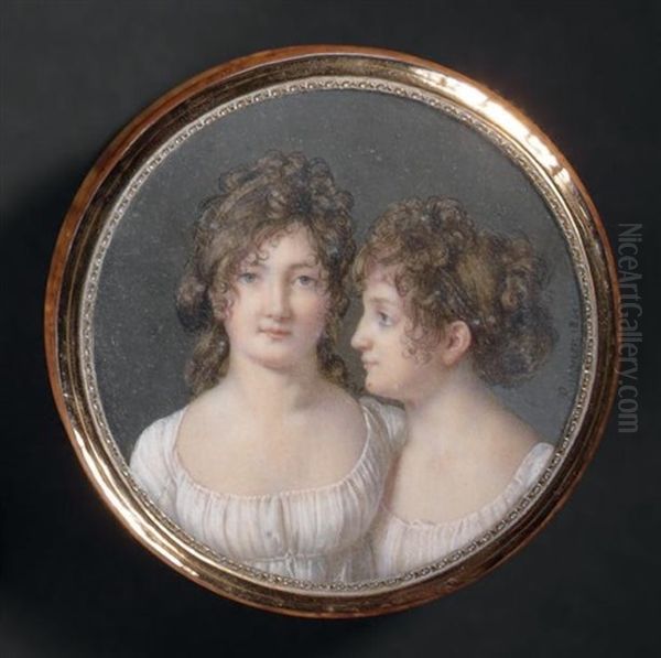 Double Portrait De Jeunes Filles, En Robe De Voile Blanc, Coiffees De Boucles Et Chignons Oil Painting by Henri Francois Riesener