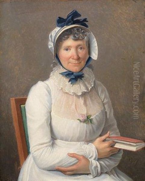 Portrait De Femme En Robe Blanche Et Coiffe Bleue A Double Noeuds, Une Rose A Son Corsage, Tenant Un Livre Dans Sa Main Gauche Oil Painting by Henri Francois Riesener