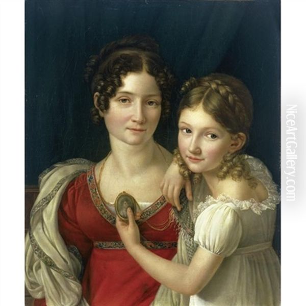 Portrait Of A Mother With Her Daughter Holding Up A Portrait Miniature In Her Left Hand by Henri Francois Riesener