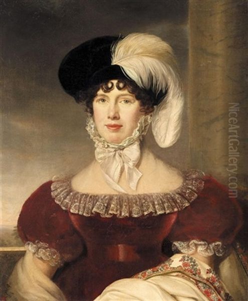 Portrait Of A Lady, Half-length, Wearing A Red Velvet Dress And A Black Hat With A White Plume Oil Painting by Henri Francois Riesener