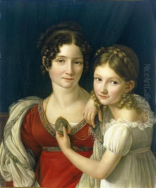 Portrait Of A Mothe, And Her Daughter Holding A Portrait Miniature In Her Left Hand Oil Painting by Henri Francois Riesener