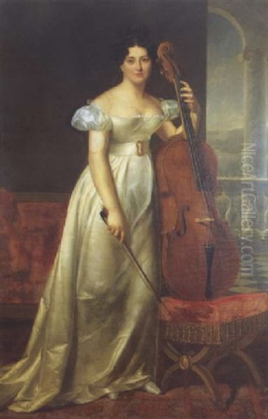 Portrait D'une Femme Tenant Son Violoncelle Oil Painting by Henri Francois Riesener